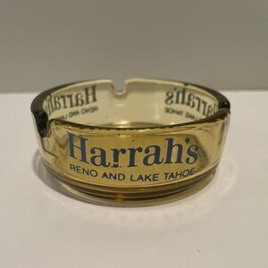 Vintage‎ 1960s Harrah's Reno and Lake Tahoe Ash Tray in Amber w/ Blue Lettering